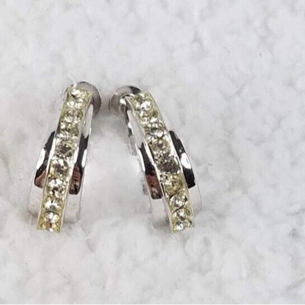 Vintage Screw‎ Back .75" Hoop Earrings Clear Crystals Silver Tone